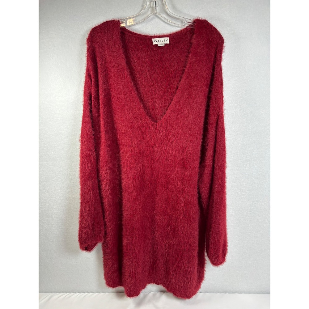 Ava & Viv Eyelash Knit Sweater Womens 2X Red Cotton Blend V-Neck Fuzzy Pullover